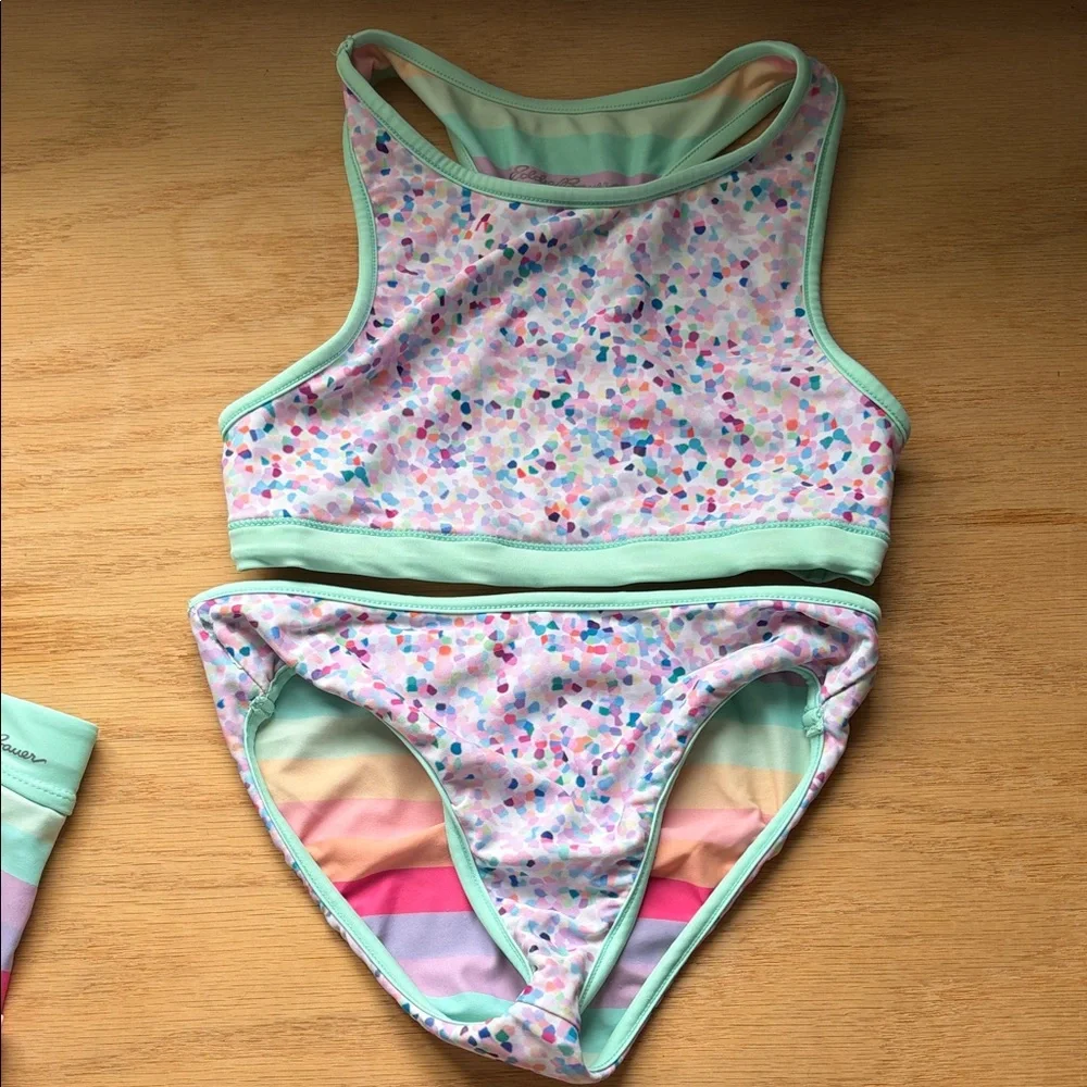 Eddie Bauer Girls' Pastel Rainbow Stripe Swim Set with Mint Trim Reversible